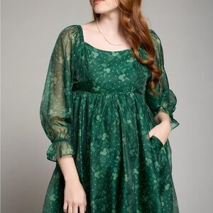 Disney Mickey Mouse Holiday Greenery Allover Print Long Sleeve Smock Dress